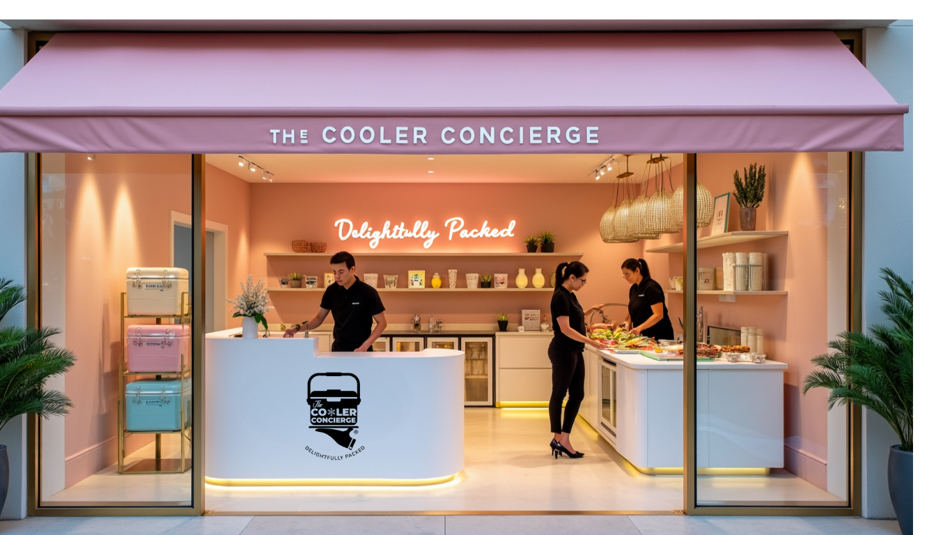 Exterior view of The Cooler Concierge shop featuring a pink awning and the sign 'Delightfully Packed'. Inside, two staff members are preparing food on a counter, while a third staff member is attending to customers. Colorful coolers are displayed in the window.