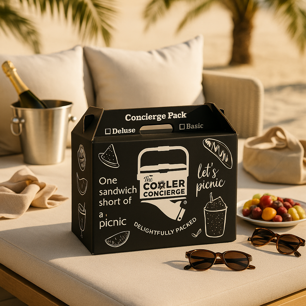 A black picnic cooler box labeled 'Concierge Pack' with graphics and text, resting on a sofa with sunglasses and a plate of colorful fruits beside it.