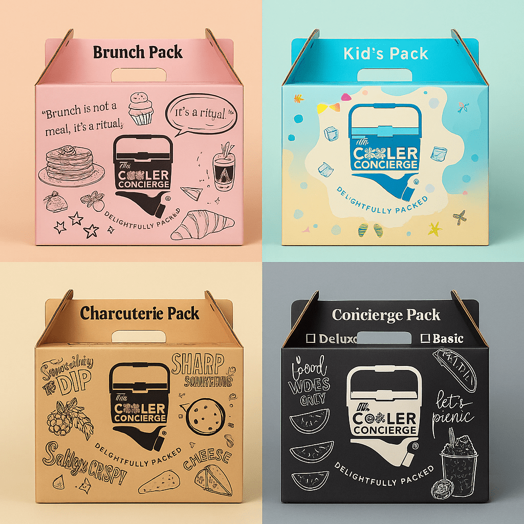 An assortment of four cooler packs from The Cooler Concierge, featuring vibrant and playful designs for Brunch Pack, Kid's Pack, Charcuterie Pack, and Concierge Pack, each with unique illustrations and text.